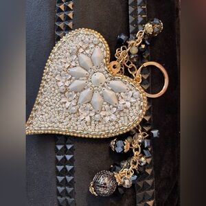 Beaded Heart Pendant key charm chain with Black and Gold Accents